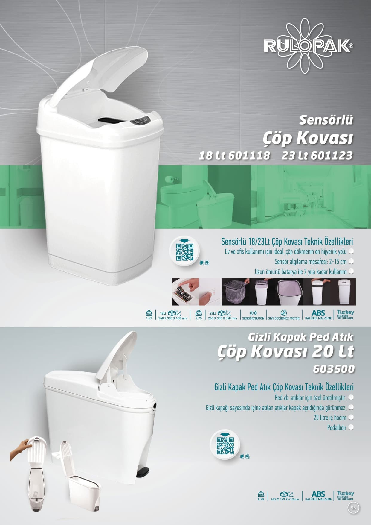Rulopak Gizli Kapak Ped Atık Çöp Kovası 20 Lt